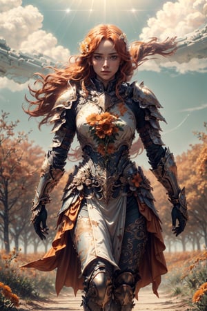 (4k), (masterpiece), (best quality),(extremely intricate), (realistic), (sharp focus), (cinematic lighting), (extremely detailed),

A girl knight in white plate armor with tangerine orange embroideries, walking across an autumn battlefield, her sword raised in defiance. The sun is shining through her flowing long orange hair giving the scene a slightly orange tint.

,flower4rmor, flower warrior armor,Flower
,matwaretech, scifi, orange hues
,stealthtech
,glyphtech