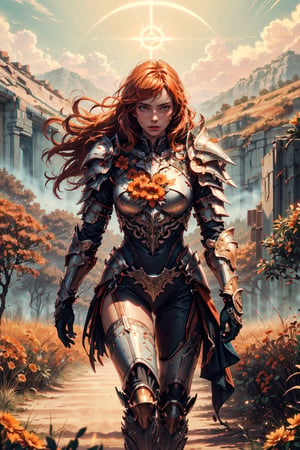 (4k), (masterpiece), (best quality),(extremely intricate), (realistic), (sharp focus), (cinematic lighting), (extremely detailed),

A girl knight in white plate armor with tangerine orange embroideries, walking across an autumn battlefield, her sword raised in defiance. The sun is shining through her flowing long orange hair giving the scene a slightly orange tint.

,flower4rmor, flower warrior armor,Flower
,matwaretech, scifi, orange hues
,stealthtech
,glyphtech