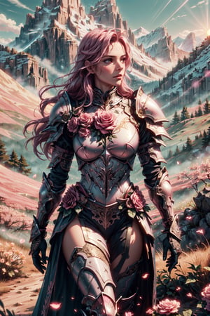 (4k), (masterpiece), (best quality),(extremely intricate), (realistic), (sharp focus), (cinematic lighting), (extremely detailed),

A girl knight in white plate armor with rose pink embroideries, walking across a mountainous landscape, her sword raised in defiance. The sun is shining through her flowing long pink hair giving the scene a slightly pink tint.

,flower4rmor, flower warrior armor,Flower
,matwaretech, scifi, pink hues
,stealthtech
,glyphtech