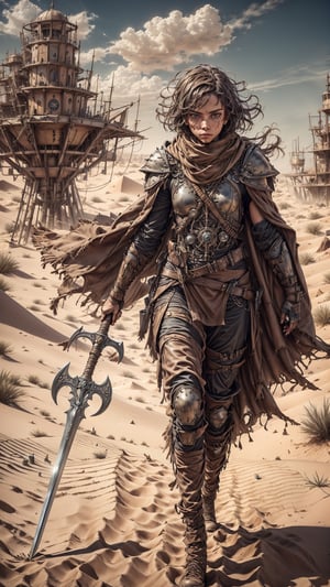 (4k), (masterpiece), (best quality),(extremely intricate), (realistic), (sharp focus), (cinematic lighting), (extremely detailed), 

A young girl dune warrior named Zora stands tall on a dune, her eyes scanning the horizon for danger. She is wearing a weathered leather armor and a scarf to protect her from the sand and wind. In her hands, she wields a spear and a dagger. Zora is ready to face any challenge that comes her way.

,davincitech,Des3rt4rmor