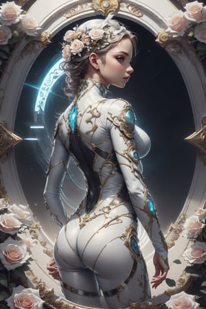 (4k), (masterpiece), (best quality),(extremely intricate), (realistic), (sharp focus), (cinematic lighting), (extremely detailed), celestial, mythological, mirrors, portals,gateways,

A beautiful young girl posing with back turned to the viewer.
She is wearing a white bodysuit.

,DonMR0s30rd3r, fantasy
,flower4rmor, see-through, flower bodysuit, flowers in hair
,yinyangtech, fantasy, yin, 
,neotech, sleek