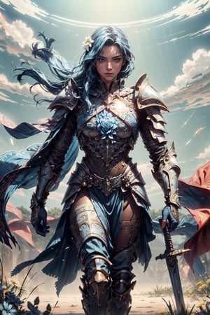 (4k), (masterpiece), (best quality),(extremely intricate), (realistic), (sharp focus), (cinematic lighting), (extremely detailed),

A girl knight in white plate armor with cerulean blue embroideries, walking across a battlefield, her sword raised in defiance. The sun is shining through her flowing long blue hair giving the scene a slightly blue tint.

,flower4rmor, flower warrior armor,Flower
,matwaretech, scifi, blue hues
,stealthtech
,glyphtech