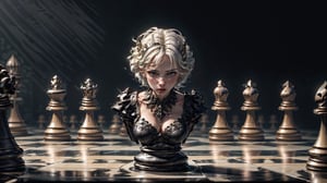 (4k), (masterpiece), (best quality),(extremely intricate), (realistic), (sharp focus), (cinematic lighting), (extremely detailed), 

A girl's top half with chess stand bottom. She has short white hair. She is the white queen piece on a chessboard. She is wearing a flowing while dress as she is towering above her little pawns. Her expression says she is prepared to face the black pieces.

,chsworld,hackedtech