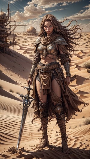 (4k), (masterpiece), (best quality),(extremely intricate), (realistic), (sharp focus), (cinematic lighting), (extremely detailed), 

A beautiful and powerful girl sand dune warrior with long flowing brown hair and piercing amber eyes, standing on a sand dune overlooking a vast desert, her scimitar drawn and ready to battle.

,Des3rt4rmor,glasstech,davincitech