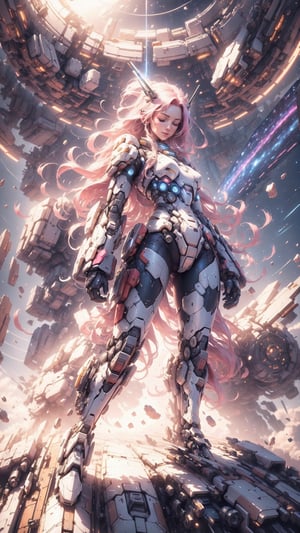 (4k), (masterpiece), (best quality),(extremely intricate), (realistic), (sharp focus), (award winning), (cinematic lighting), (extremely detailed), 

A young woman with long, flowing pink hair stands tall in the cockpit of her towering white mech suit, her face illuminated by the glow of the stars. The mech suit is a marvel of engineering, with sleek lines and powerful weaponry. The woman herself is a skilled warrior, trained in the arts of combat and piloting.
Her eyes closed and a serene smile on her face.

She is standing in front of a vast nebula, its swirling colors creating a breathtaking backdrop. The nebula is home to a variety of alien lifeforms, some of which are hostile to humanity. But the woman is not afraid. She is here to protect her people and to explore the unknown.

She raises her fist in a gesture of defiance, and her mech suit roars to life. She is ready to face whatever challenges the nebula may throw her way.

Details:

The woman is a space mecha pilot / space warrior.
She has long, flowing pink hair.
She is wearing a white bodytight spacesuit.
She is standing in the cockpit of her towering white mech suit.
She is standing in front of a vast nebula.
She raises her fist in a gesture of defiance.
Her eyes closed and a serene smile on her face

,mecha,EpicSky,DonMPl4sm4T3chXL 