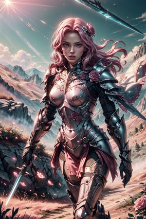 (4k), (masterpiece), (best quality),(extremely intricate), (realistic), (sharp focus), (cinematic lighting), (extremely detailed),

A girl knight in white plate armor with rose pink embroideries, walking across a mountainous landscape, her sword raised in defiance. The sun is shining through her flowing long pink hair giving the scene a slightly pink tint.

,flower4rmor, flower warrior armor,Flower
,matwaretech, scifi, pink hues
,stealthtech
,glyphtech