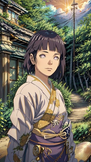(4k), (masterpiece), (best quality), (extremely intricate), (realistic), (sharp focus), (award winning), (cinematic lighting), (extremely detailed), (epic),

Hinata Hyuga standing on a hilltop, overlooking a lush green forest. She is wearing her traditional white kimono with purple floral patterns and a matching obi. She has a gentle and thoughtful expression on her face, and her hair is tied up in a high ponytail with a white ribbon. The wind is blowing her hair back slightly, and the sun is setting in the distance, casting a golden glow over the forest.
,TreeAIv2,DonMDj1nnM4g1cXL 