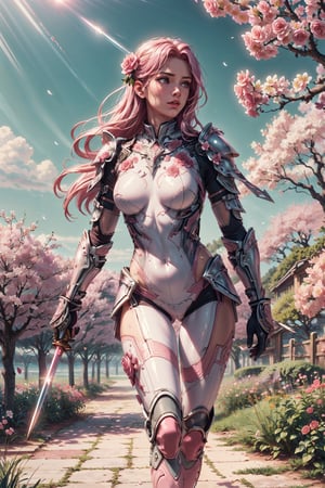 (4k), (masterpiece), (best quality),(extremely intricate), (realistic), (sharp focus), (cinematic lighting), (extremely detailed),

A girl knight in white plate armor with rose pink embroideries, walking across a cherry blossom garden, her sword raised in defiance. The sun is shining through her flowing long pink hair giving the scene a slightly pink tint.

,flower4rmor, flower bodysuit,Flower
,matwaretech, scifi, pink hues
,stealthtech
,glyphtech