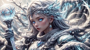 (4k), (masterpiece), (best quality),(extremely intricate), (realistic), (sharp focus), (cinematic lighting), (extremely detailed), 

A painting of a young girl frost warrior in a winter wonderland. She has long white hair and piercing blue eyes. She is wearing a suit of armor made of ice and snow, and she wields a staff of frost in her hand. The staff is topped with a glowing orb of ice, and it emits a powerful aura of cold. The girl's eyes are filled with determination, and she is ready to face any challenge.

,ic34rmor,frostracetech,chrometech ,metallic 