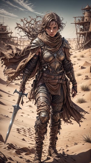 (4k), (masterpiece), (best quality),(extremely intricate), (realistic), (sharp focus), (cinematic lighting), (extremely detailed), 

A young girl dune warrior named Leila stands tall on a dune, her eyes scanning the horizon for danger. She is wearing a weathered leather armor and a scarf to protect her from the sand and wind. In her hands, she wields a spear and a dagger. Leila is ready to face any challenge that comes her way.

,davincitech,Des3rt4rmor