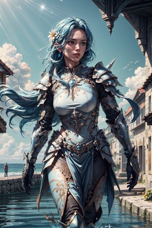 (4k), (masterpiece), (best quality),(extremely intricate), (realistic), (sharp focus), (cinematic lighting), (extremely detailed),

A girl knight in white plate armor with cerulean blue embroideries, walking within a medieval port city, ocean in the far background, her sword raised in defiance. The sun is shining through her flowing long blue hair giving the scene a slightly blue tint.

,flower4rmor, flower warrior armor,Flower
,matwaretech, scifi, blue hues
,stealthtech
,glyphtech