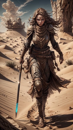 (4k), (masterpiece), (best quality),(extremely intricate), (realistic), (sharp focus), (cinematic lighting), (extremely detailed), 

A beautiful and powerful girl sand dune warrior with long flowing brown hair and piercing amber eyes, standing on a sand dune overlooking a vast desert, her scimitar drawn and ready to battle.

,marb1e4rmor,luxtech,Des3rt4rmor,dwemertech,glasstech