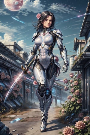 (4k), (masterpiece), (best quality),(extremely intricate), (realistic), (sharp focus), (cinematic lighting), (extremely detailed), (full body),

A futuristic, augmented ninja girl with a rose stands on a rooftop in a cyberpunk cityscape. She has long black hair and piercing blue eyes, and she is dressed in a sleek black bodysuit with futuristic armor and weapons. Her body is augmented with cybernetic implants that give her superhuman strength, speed, and agility. In her right hand, she holds a katana sword, and in her left hand, she holds a rose. The full moon is behind her.
,DonMR0s30rd3r
,futubot 
,neotech, sleek
,flower4rmor, flowers in hair, flower ninja armor
,retrowavetech, scifi,EpicSky,isometric,fate/stay background,glyphtech