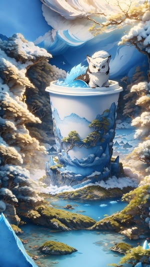 (white belly fur, white fur around eyes, white paws, white legs, white face),
The TenTen is a new animal that is a mix of an owl, a wolf, and a bunny. It is very cute, with big cerulean blue eyes, pointy ears, blue fluffy fur, and a long tail. The TenTen's fur is blue with cerulean blue patterns and with white markings on its chest, belly, and paws. TenTen has three sapphire gems on its forehead, It is a curious and playful animal that lives in high iceberg mountains.Blue fur, white fur

Cool phone wallpaper:
Kawai TenTen,
morning sun rising over alpnie mountain tops, TenTen proudly posing in the hopes of winning the cutest tensor.art mascot contest,

Vector art style,muted color scheme,vintagepaper,ink scenery,ornate details, subtle gradients, perfect symmetrical, studio ghibli,TreeAIv2,(paper cup)