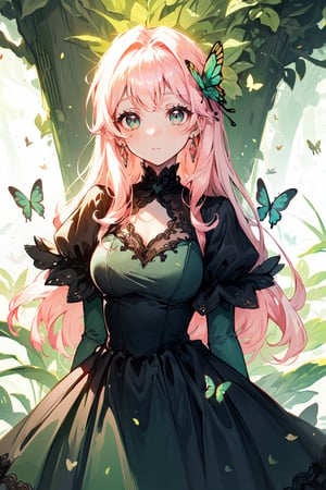 A cute girl wearing a lace and ruffled pink dress, extremely pale skin, big and adorable emerald eyes, a creatively well-drawn background of a forest with fireflies around, butterflies, a beautiful and illustrative designer.