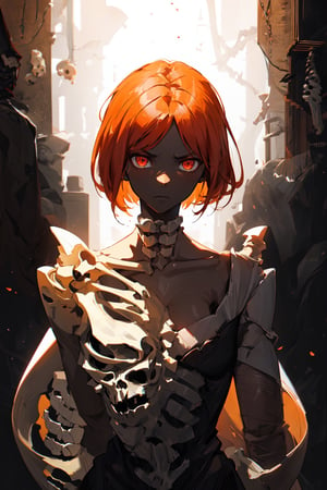 A girl with bone arms, serious red look, dark skin, short orange hair, bone clothes, skulls, dark gothic background and dark linear lighting.,SAM YANG