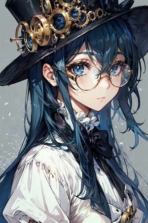 A steampunk girl in a top hat and black glasses, details of eyes, face, hair, style, background, lighting.