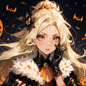 A cute girl with pumpkin hairpins, blonde hair, smooth tan skin, golden eyes, black Halloween outfit with leather gloves, Halloween background with low lighting, intense and bright eyes.