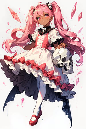 A cute girl with pink hair with skull pigtails, long pink hair, dress with skull skull, pink color of ruffles and lace, transparent white pantyhose, red shoes crystal, chocolate brown skin, bright and intense eyes with symbols.