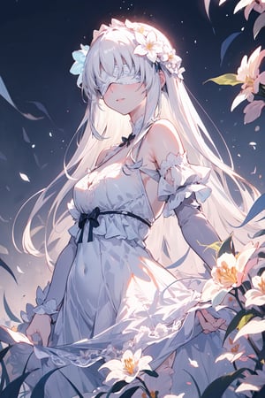 A girl with long, long white hair, wearing white blindfolds, baby blue lace and silk dress, white_skin, on a flowery background with several flowers around, in linear cinematic lighting.