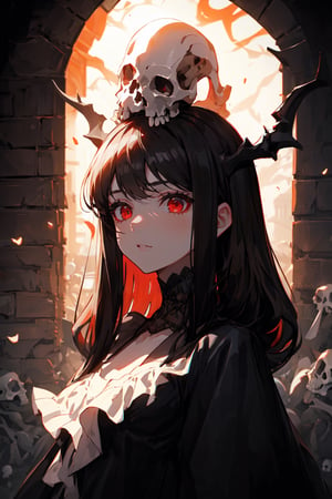 A brunette girl, intense red eyes, wearing two human skulls on her head, long black hair with bangs, bone dress with lace and ruffles, gothic cinematic lighting.