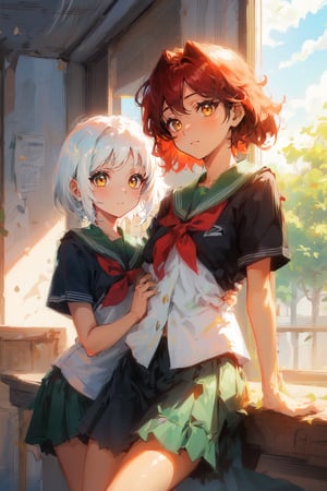 A girl with yellow eyes, red hair, and fair skin, wearing a school uniform. A second girl, beside her, with short white hair, tan skin, and emerald eyes, also wearing a school uniform. Two cute girls.