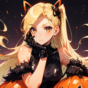 A cute girl with pumpkin hairpins, blonde hair, smooth tan skin, golden eyes, black Halloween outfit with leather gloves, Halloween background with low lighting, intense and bright eyes.