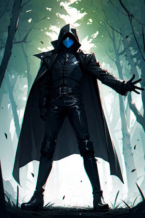 A solo man, wearing a cape that covers his face, black leather coat, leather gloves, bulletproof vest, black leather pants, high combat boots, scary forest background, very little lighting.