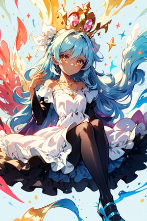 A cute girl wearing a beautiful red and white cups dress with ruffled silk lace, transparent pink pantyhose, shiny blue shoes, long blue hair sparkles bright intense yellow eyes, dark skin, cool colorful background and color variations, queen crown on her head, gold and crystal necklace.
