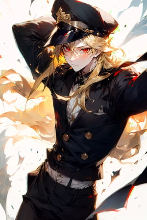A boy wearing a black cap, long blonde hair, red eyes, pale skin, masculine features, simple male high school uniform.