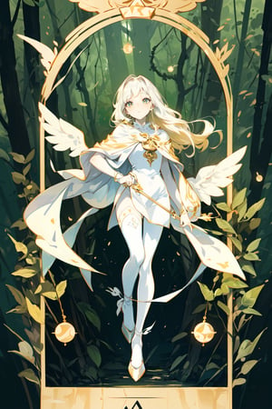 A girl with extremely white skin, straight golden hair with bangs, wearing pretty tarot card clothes, transparent white tights black high heel shoe, eyes with different colored symbols, dimly lit forest background.