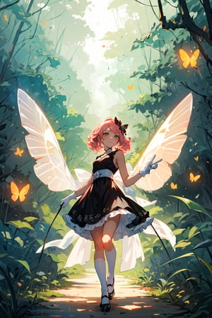 A cute girl with full, curly pink hair, tan skin, big emerald eyes, wearing a beautiful black lace dress, white gloves, silk white stockings, transparent white crystal shoes, amidst a forest with fireflies and butterflies, an ancient medieval paper lantern illuminating the path.