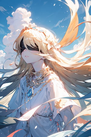 A girl with black blindfolds, long blond hair, white skin, wearing white clothes, a jewel around her neck, blue sky background with clouds,low lighting, cinematic indirect linear.