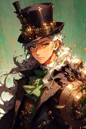 A boy with long hair, masculine features, tan skin, emerald green eyes, wearing a stylish steampunk outfit, a steampunk top hat, extremely detailed 8k CG wallpaper, best quality, best anime from Pixiv, top-notch steampunk background.