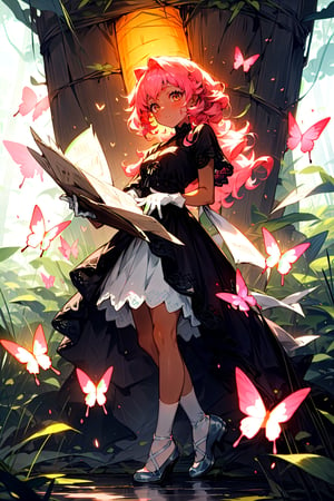 A cute girl with full, curly pink hair, tan skin, big emerald eyes, wearing a beautiful black lace dress, white gloves, silk white stockings, transparent white crystal shoes, amidst a forest with fireflies and butterflies, an ancient medieval paper lantern illuminating the path.