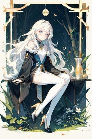 A girl with extremely white skin, straight golden hair with bangs, wearing pretty tarot card clothes, transparent white tights black high heel shoe, eyes with different colored symbols, dimly lit forest background.