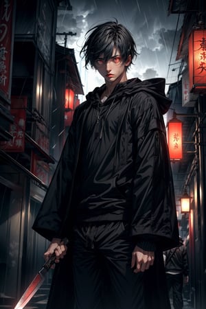 A boy with a hood on his head, black coat, red eyes, holding a knife, black sweatpants, dramatic and hostile lighting, dark rainy scene at night, in a city in Japan.