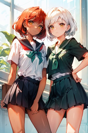 A girl with yellow eyes, red hair, and fair skin, wearing a school uniform. A second girl, beside her, with short white hair, tan skin, and emerald eyes, also wearing a school uniform. Two cute girls.