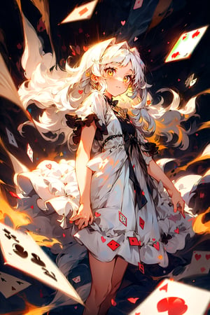 A brunette girl, long white hair with bangs, yellow eyes, wearing a dress with hearts (♥) and diamonds (♦), against a background of playing cards scattered on the ground.