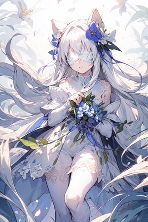 A girl with long, long white hair, wearing white blindfolds, baby blue lace and silk dress, white_skin, on a flowery background with several flowers around, in linear cinematic lighting.