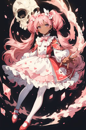A cute girl with pink hair with skull pigtails, long pink hair, dress with skull skull, pink color of ruffles and lace, transparent white pantyhose, red shoes crystal, chocolate brown skin, bright and intense eyes with symbols.