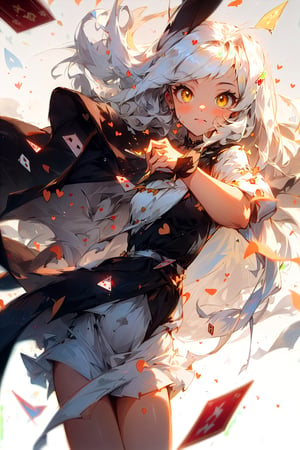 A brunette girl, long white hair with bangs, yellow eyes, wearing a dress with hearts (♥) and diamonds (♦), against a background of playing cards scattered on the ground.