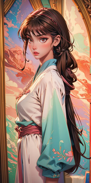 A Korean girl brown braided hair, clean and silky skin, pink lips, light and subtle makeup, medieval oil painting style clothes, details in her delicate features and skin, details, full_body.