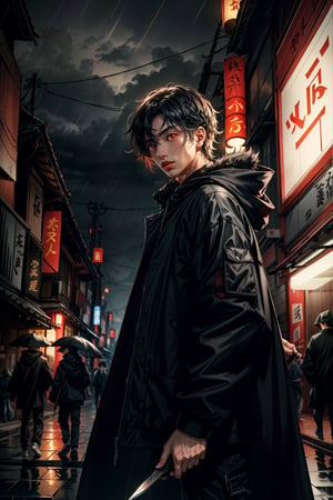 A boy with a hood on his head, black coat, red eyes, holding a knife, black sweatpants, dramatic and hostile lighting, dark rainy scene at night, in a city in Japan.,SAM YANG