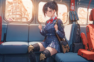 1girl, School Girl, Red Eyes, Short Ponytail black Hair, Red Ribbon, Student Uniform Outfit, Uniform Short Skirt, Kneesock , Black Stocking, Armor Thick Boot , School Bag, Left Leg Bag, on the train, sitting on the passenger chair among the crowd , many people around, massive sky building in the background , Sunset Time, ((Best quality)), ((masterpiece)), 3D, HDR (High Dynamic Range),Ray Tracing, NVIDIA RTX, Super-Resolution, Unreal 5,Subsurface scattering, PBR Texturing, Post-processing, Anisotropic Filtering, Depth-of-field, Maximum clarity and sharpness, Multi-layered textures, Albedo and Specular maps, Surface shading, Accurate simulation of light-material interaction, Perfect proportions, Octane Render, Two-tone lighting, Wide aperture, Low ISO, White balance, Rule of thirds,8K RAW, Aura, masterpiece, best quality, Mysterious expression, magical effects like sparkles or energy, flowing robes or enchanting attire, mechanic creatures or mystical background, rim lighting, side lighting, cinematic light, ultra high res, 8k uhd, film grain, best shadow, delicate, RAW, light particles, detailed skin texture, detailed cloth texture, beautiful face, (masterpiece), best quality, expressive eyes, perfect face,