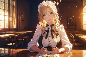 1 girl, Alone, Ade, Waist Long Blond Hair, Green Eyes, Glasses, Maid Headband, Black Maid dress with white apron, sitting on dining table, large variety of food and drink on the table, Sexy Pose, High Class Restaurant, ((Best quality)), ((masterpiece)), 3D, HDR (High Dynamic Range),Ray Tracing, NVIDIA RTX, Super-Resolution, Unreal 5,Subsurface scattering, PBR Texturing, Post-processing, Anisotropic Filtering, Depth-of-field, Maximum clarity and sharpness, Multi-layered textures, Albedo and Specular maps, Surface shading, Accurate simulation of light-material interaction, Perfect proportions, Octane Render, Two-tone lighting, Wide aperture, Low ISO, White balance, Rule of thirds,8K RAW, Aura, masterpiece, best quality, Mysterious expression, magical effects like sparkles or energy, flowing robes or enchanting attire, mechanic creatures or mystical background, rim lighting, side lighting, cinematic light, ultra high res, 8k uhd, film grain, best shadow, delicate, RAW, light particles, detailed skin texture, detailed cloth texture, beautiful face, (masterpiece), best quality, expressive eyes, perfect face,nikkeredhood,hair over one eye,marian,Scarlet (nikke),hellsparadise style,fuyumi,ludmilla,yellow eyes