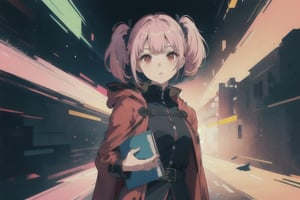 anime girl with pink hair holding a book in her hands, light pink bob hair style with twintail and red eyes, wear a blue cloak and full black uniform underneath