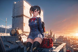 1girl, School Girl, Red Eyes, Short Ponytail black Hair, Red Ribbon, Student Uniform Outfit, Uniform Short Skirt, Kneesock , Black Stocking, Armor Thick Boot , School Bag, Left Leg Bag, Funnel, Remote Weapon, Sit on the water tank on the roof top of building, look beyond the sky , massive sky building in the background , Sunset Time, ((Best quality)), ((masterpiece)), 3D, HDR (High Dynamic Range),Ray Tracing, NVIDIA RTX, Super-Resolution, Unreal 5,Subsurface scattering, PBR Texturing, Post-processing, Anisotropic Filtering, Depth-of-field, Maximum clarity and sharpness, Multi-layered textures, Albedo and Specular maps, Surface shading, Accurate simulation of light-material interaction, Perfect proportions, Octane Render, Two-tone lighting, Wide aperture, Low ISO, White balance, Rule of thirds,8K RAW, Aura, masterpiece, best quality, Mysterious expression, magical effects like sparkles or energy, flowing robes or enchanting attire, mechanic creatures or mystical background, rim lighting, side lighting, cinematic light, ultra high res, 8k uhd, film grain, best shadow, delicate, RAW, light particles, detailed skin texture, detailed cloth texture, beautiful face, (masterpiece), best quality, expressive eyes, perfect face,