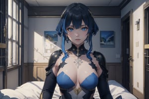 1girl, Katya,highres, Light BLue eyes, long Dark blue hair, Allure Smile, Sexy Pose, Sit on bed the ground, Collap Pose, Sci-fi room, High Class Hotel, ((Best quality)), ((masterpiece)), 3D, HDR (High Dynamic Range),Ray Tracing, NVIDIA RTX, Super-Resolution, Unreal 5,Subsurface scattering, PBR Texturing, Post-processing, Anisotropic Filtering, Depth-of-field, Maximum clarity and sharpness, Multi-layered textures, Albedo and Specular maps, Surface shading, Accurate simulation of light-material interaction, Perfect proportions, Octane Render, Two-tone lighting, Wide aperture, Low ISO, White balance, Rule of thirds,8K RAW, Aura, masterpiece, best quality, Mysterious expression, magical effects like sparkles or energy, flowing robes or enchanting attire, mechanic creatures or mystical background, rim lighting, side lighting, cinematic light, ultra high res, 8k uhd, film grain, best shadow, delicate, RAW, light particles, detailed skin texture, detailed cloth texture, beautiful face, (masterpiece), best quality, expressive eyes, perfect face,sparkle \(honkai: star rail\), sparkle,momo_burlesque,BLUE HAIR, 1girl 