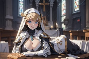 1 girl, Nun hat, long bread blond hair, blue eyes, smile, white ligerie, black armor gloves, white panty, church room, outside, white armor boot, lie down on table, 8k, high res, , 2 hands, bare leg, bare, nun garb, chest, big chest, big breast, 